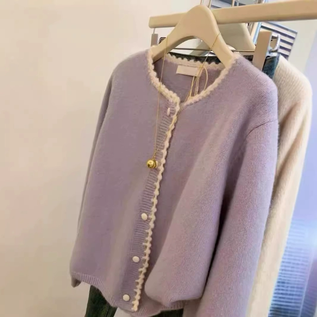 Фиолетовый кардиган с круглым воротником, демисезонный свитер, стиль Chanel, тренд сезона