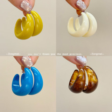 焦糖奶白~复古c型耳圈个性黄色亚克力气质夸张港风银针圈圈耳环