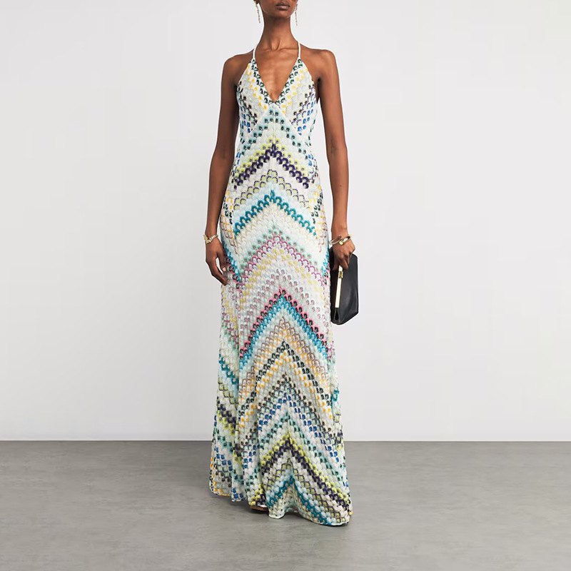 Bohemian Style Bodycon 2025 New Model V-neck Strapless Sleeveless Waist-cinching Slimming Printed Long Dress For Women_ecoleips.com