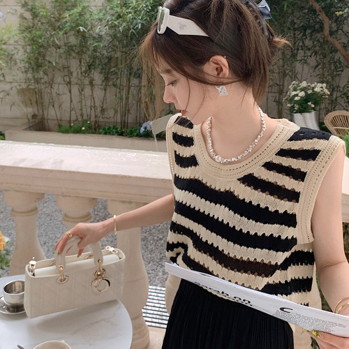 Korean style striped knitted camisole summer retro hot girl loose slimming outer wear inner bottoming top for women