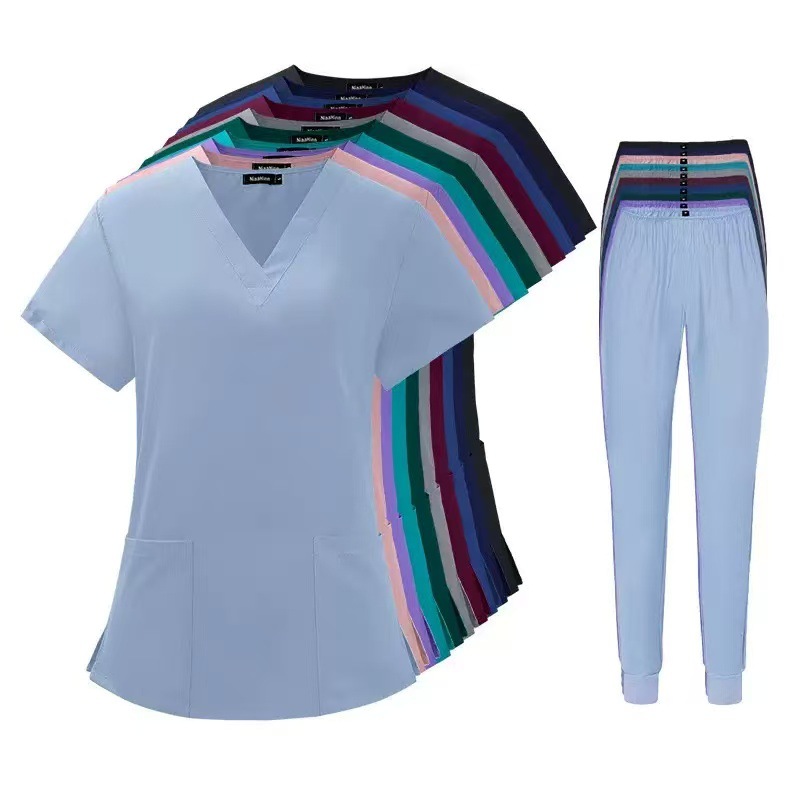 Hot-Selling Cross-Border European and American Pet Doctor Beauty Salon V-Neck Pants Work Clothes Nurse Clothes Beautician Female Nurse Clothes