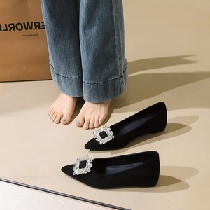 9121-K90 French pointed single shoe for women, flat bottomed leopard print rhinestone square buckle suede, with increase