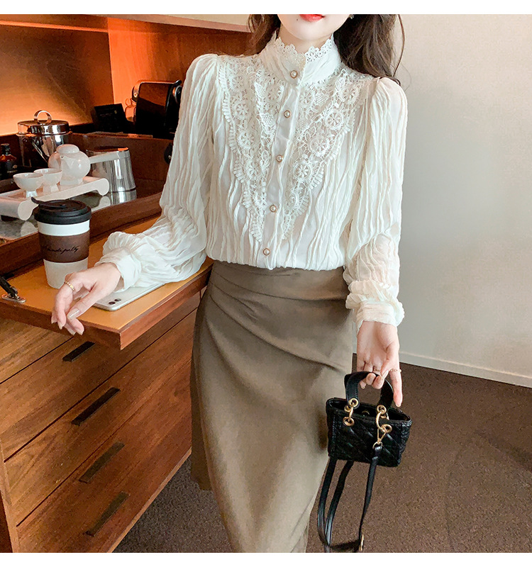 2022 Autumn/Winter new style fleece high-neck lace shirt chiffon shirt top, elegant base layer, fairy pic 12