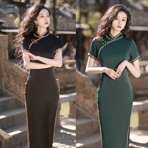 Retro Chinese Dress oriental Cheongsam for womenimproved long simple but elegant temperament girl green acetate 