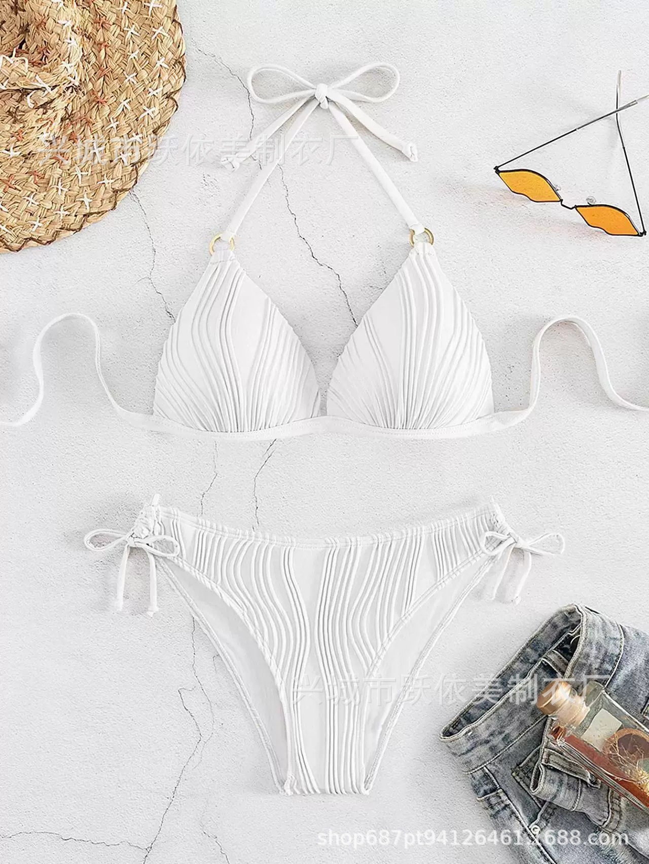 欧美新款游泳衣跨境性感分体带胸垫比基尼糖果色波浪法式三点详情3