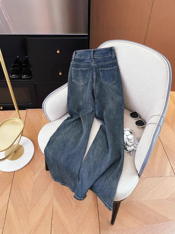 女性用レトロダークブルーフレアジーンズ、春夏ハイウエストストレートワイドレッグパンツ、スリム馬蹄フロアレングスパンツ|undefined
