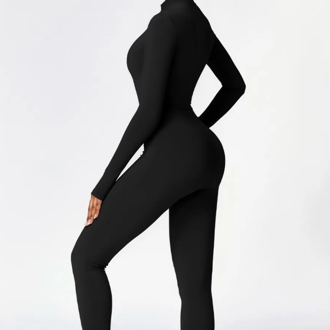 Women's Ribbed Long-Sleeve Zip-Up Jumpsuit – Seamless Yoga & Workout Romper (Moisture-Wicking, High-Stretch Nylon) – Black/Coffee (S-L)​_ecoleips.com