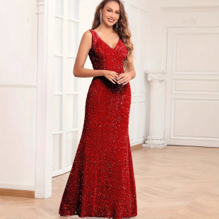European and American Middle East Foreign Trade Cross-Border Wholesale Women's Clothing Solid Color V-Neck Sequin Fashion Sleeveless Strap Evening Dress Fishtail Skirt