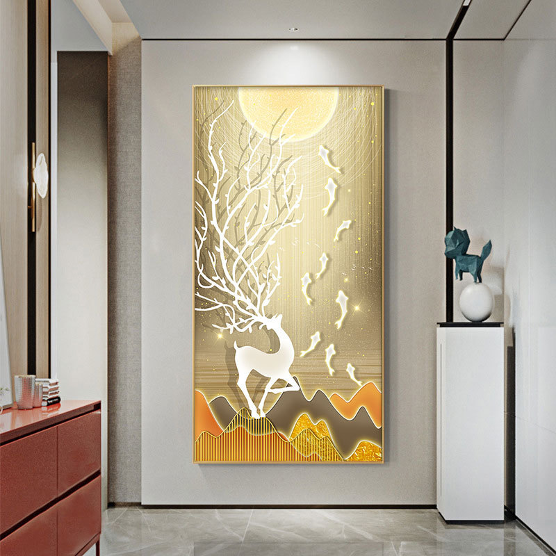 Pintura decorativa de vestíbulo de lujo ligero de alto nivel de alce hojas doradas pasillo colgar pintura de la sala de patrón colgar pintura suave