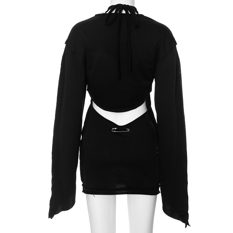 Women Clothing Winter Solid Color Hoodie Long Sleeve Halter Ripped Backless Short Dress Set