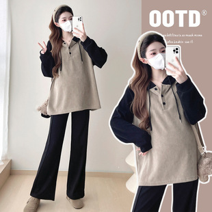 Pregnant women's autumn long sleeve top 2024 new Korean fashion contrast color loose casual corduroy hooded sweater