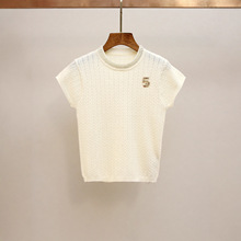 深圳南油高端女装秋季新款小香风名媛钉珠圆领短袖修身针织衫上衣