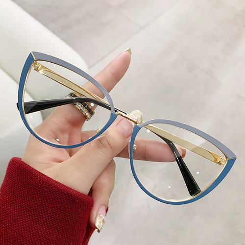 new fashion color-changing anti-blue light flat glasses for men and women without makeup cat-eye metal glasses frames cross-border