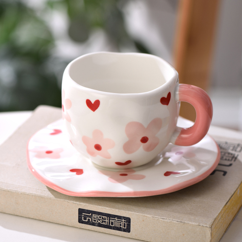 Creativo adorable ins amor cerámica taza de leche taza de café plato conjunto de taza de flores mano taza