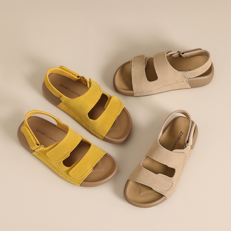 Dép Birkenstock nữ đế bằng quai chữ V dán Velcro, dép thời trang mùa hè đi biển — IL02 màu vàng