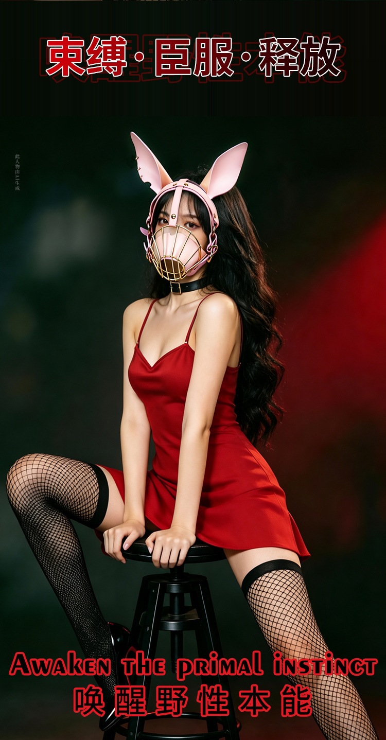SM Puppy Play Bondage Headgear and Face Accessory Set in Pink PU Leather — detail image 2
