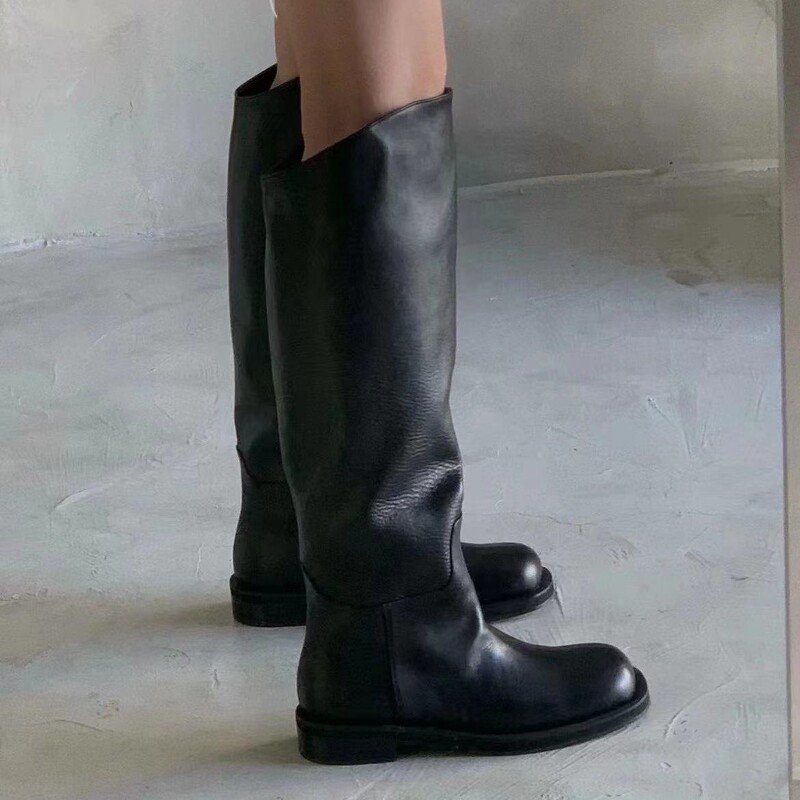 Cowhide Version~ Korean Style Slimming Wide Calf High Boots for Women, Chunky Heel Genuine Leather Knee-High Boots, Ultra-Soft Long Boots for Women