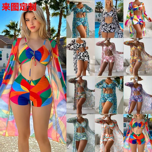 European and American women's swimsuit, three-piece set, high-waisted long-sleeved suit, blouse, sexy bikini