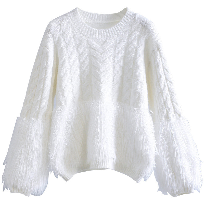 Pull ample de niche de conception de vêtements pour femmes, pull en vison avec haut à pompon, pull en tricot torsadé_voghion.com