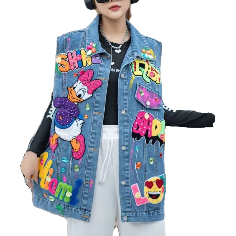 Tailandia moda marca 2024 primavera nueva industria pesada diamante con cuentas de dibujos animados Denim coat mujeres diseño sentido chaleco superior image 1