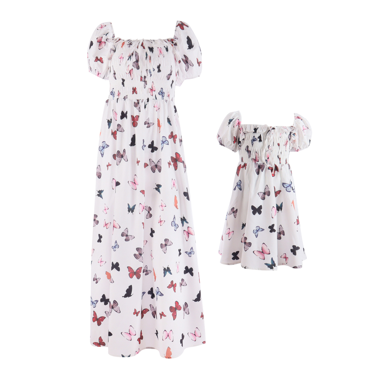 Cross border women's butterfly print bubble sleeve elegant long skirt girls' Princess Dress Party Birthday parent-child dress mother women's dress