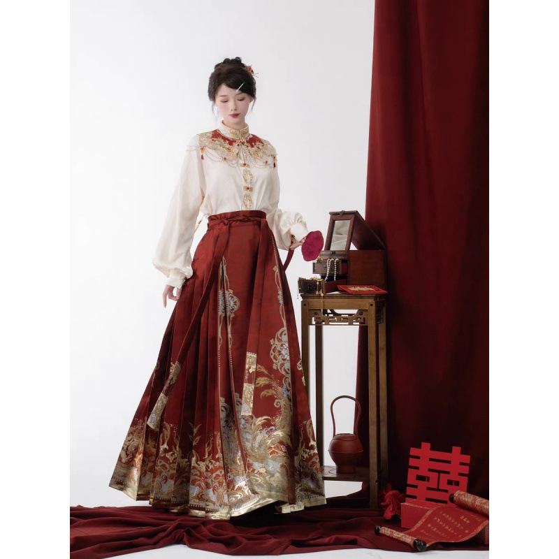 中国式国風重工馬面スカート雲肩漢服敬酒服婚約服半身スカートセット|undefined