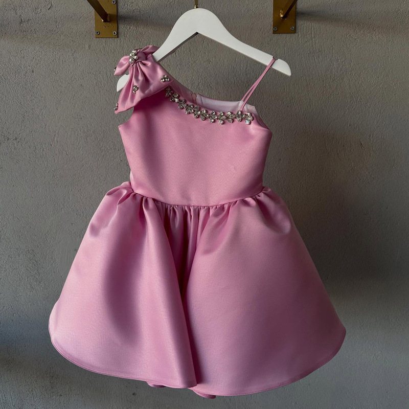 Christmas Princess Dress Girls Pink Satin Simple Design Baby Birthday One-Year-Old Dress European and American Kids