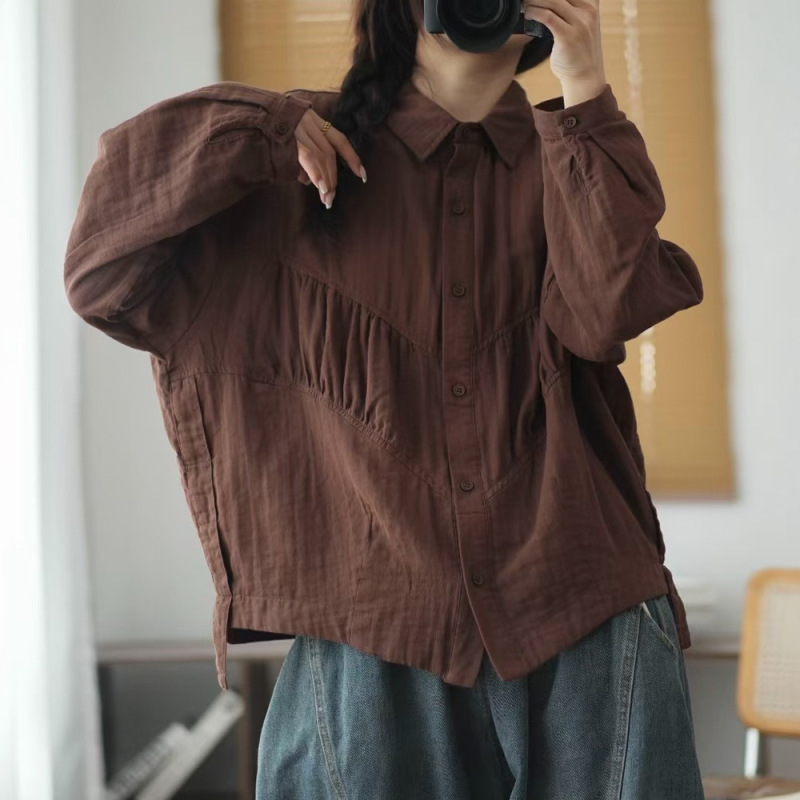 春秋新款文艺长袖衬衫女士双层棉纱纯色褶皱衬衣单排扣打底衫|undefined