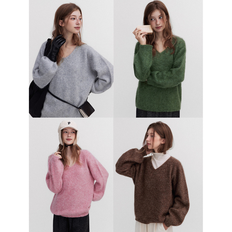 [Romantic Mist Velvet] 100 Sheep Wool Slimming Look V-Neck Seamless One-Piece Brushed Multi-Color Sweater for Women in Autumn and Winter
