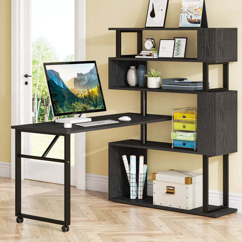 Cross-border Hot Sale L-shaped Office Furniture with Bookcase Storage Cabinet Storage Rotatable Mobile Computer Desk Writing Desk