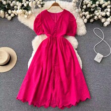 法式文艺小清新连衣裙女森系新款夏季收腰显瘦气质V领宽松裙子潮