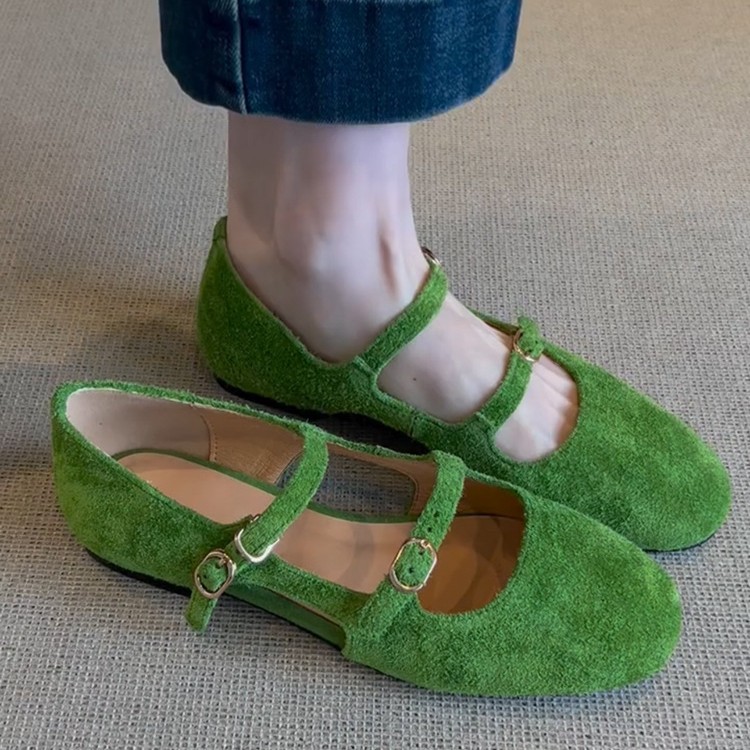 Cowhide Version ~ Retro Round Head Cowhide Flat Ballet Shoes Shallow Mouth Hollow Design One-Buckle Mary Jane Shoes