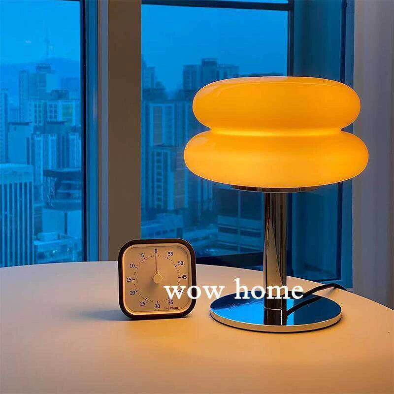 Glass Table Lamp, Sandwich Shade, USB or Plug, Button/Three-Color Lighting, Ambient Bedside Light