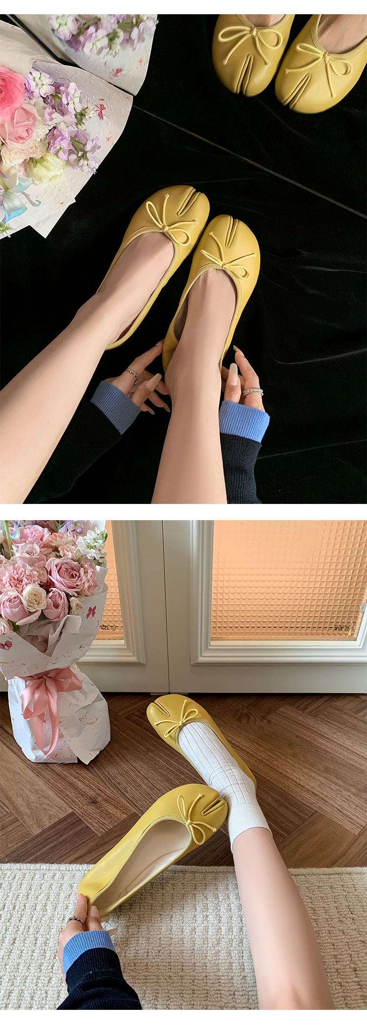 Giày ballet nữ da cừu mũi tròn nơ bướm đế bệt mềm mại — đen chi tiết 9