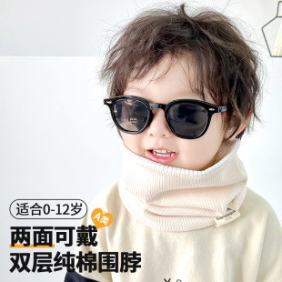 Autumn and winter cloth label knitted scarf solid color warm pullover collar for boys and girls simple children double-layer contrast color scarf