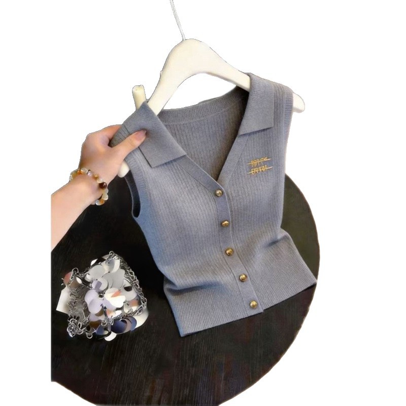 Summer New Style Women's Collared Sleeveless Knitted Vest Slim Fit Short Top_ecoleips.com