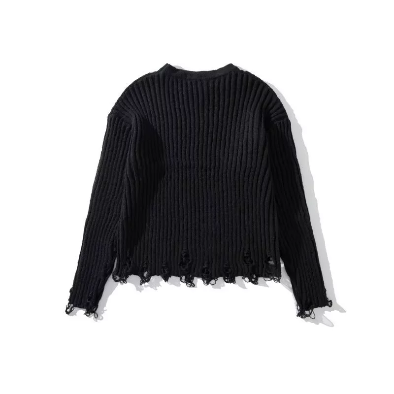 Вязаный осенний свитер, простой элегантный дизайн, distressed-hem — серый/черный, размеры M–3XL