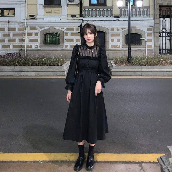 Lantern sleeve lace stitching long sleeve dress women's 2024 autumn new Korean slim temperament popular long skirt Lantern sleeve lace stitching long sleeve dress women's 2024 autumn new Korean slim temperament popular long skirt