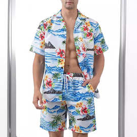夏男士威夷短袖衬衫和短裤套装男式常规版型休闲夏威夷衬衫套装