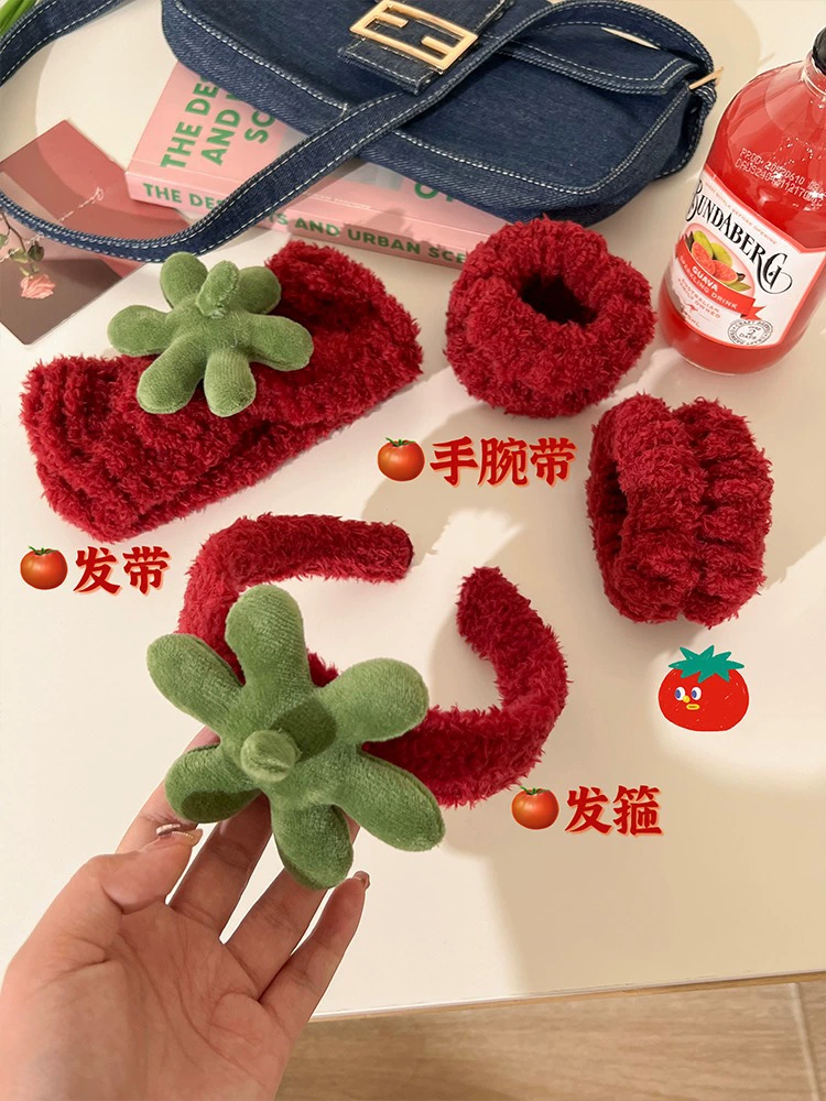 Headband and Face-Wash Accessory Set, Tomato Plush Design, Headband + Wristbands (2–3 pcs)