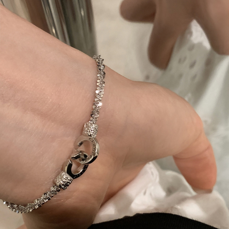 Korean Style Double-ring Lock Shattered Silver Bracelet Women's Niche Light Luxury High-grade Personality All-match Elegant Summer New Artiment Korean Style Double-ring Lock Shattered Silver Bracelet Women's Niche Light Luxury High-grade Personality All-match Elegant Summer New Artiment