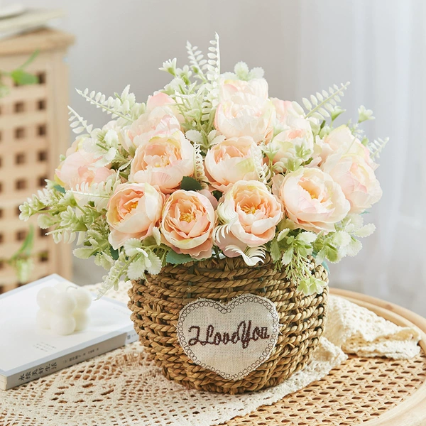 Navy blue peony champagne + straw basket
