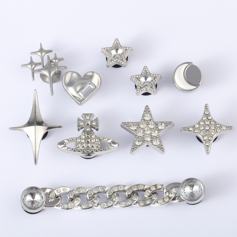 Cross-Border Hot Mall Clogs with Floral Buckle, Silver Sparkling Diamond, Saturn Pearl Inlaid Diamond, Xiaohongshu Same Style Buckle Accessories