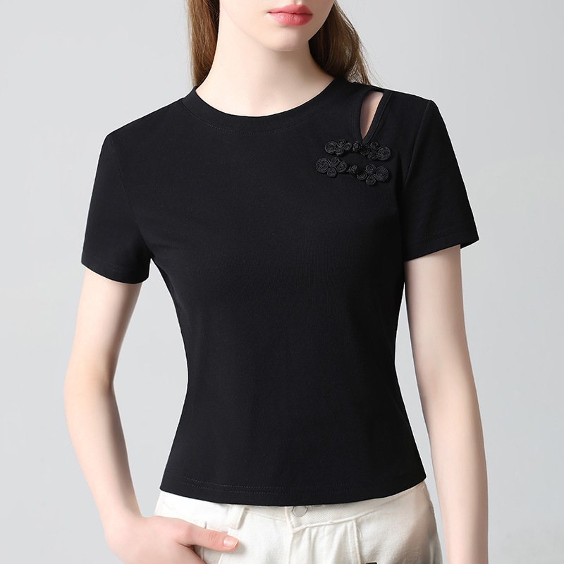 Nueva camiseta china de manga corta mujer 2025 nueva mujer retro hebilla de disco color sólido camiseta de algodón diseño sentido camisa hueca