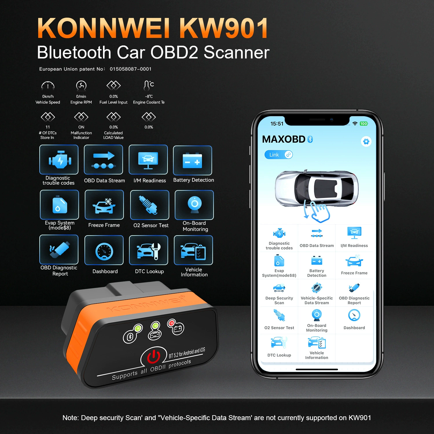 KONNWEI KW901 ELM327 Bluetooth 4.0 5.0 5.2 двухрежимный, поддержка Apple IOS и Android, бесплатное программное обеспечение