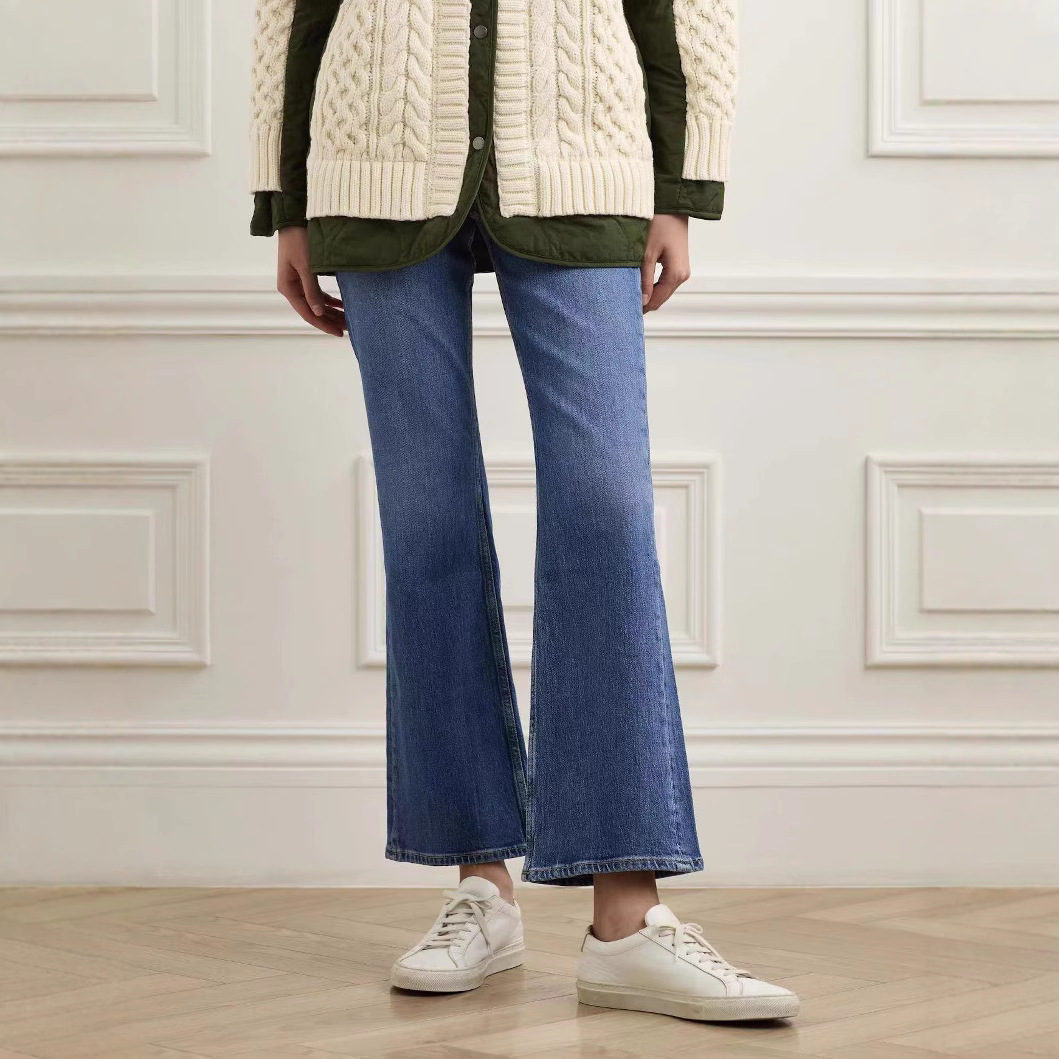 秋冬特绒加厚欧美 RAG 同款高腰微喇九分牛仔加绒裤女