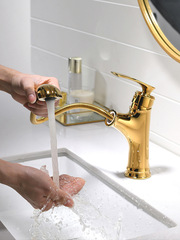 4TXN批發抽拉式金色黃銅單孔面盆龍頭冷熱歐美式伸縮衛生間台下盆