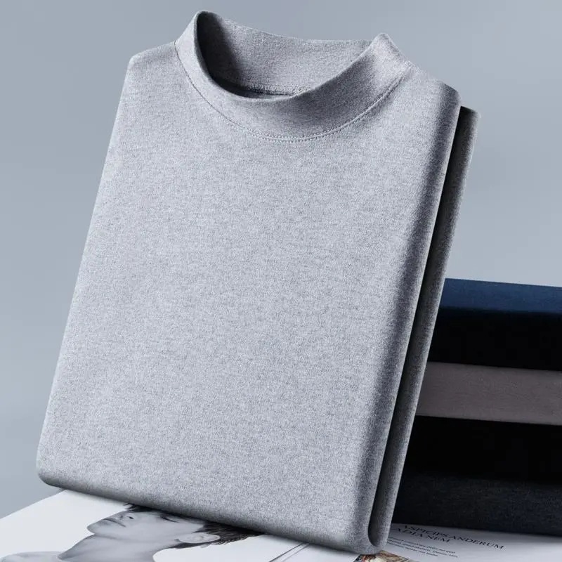 Autumn Thermal Underwear Set Round Neck Warm Cotton Base Layer for Men, Medium-High Collar, Plus Size, Solid Color Cotton Sweater for Autumn and Winter
