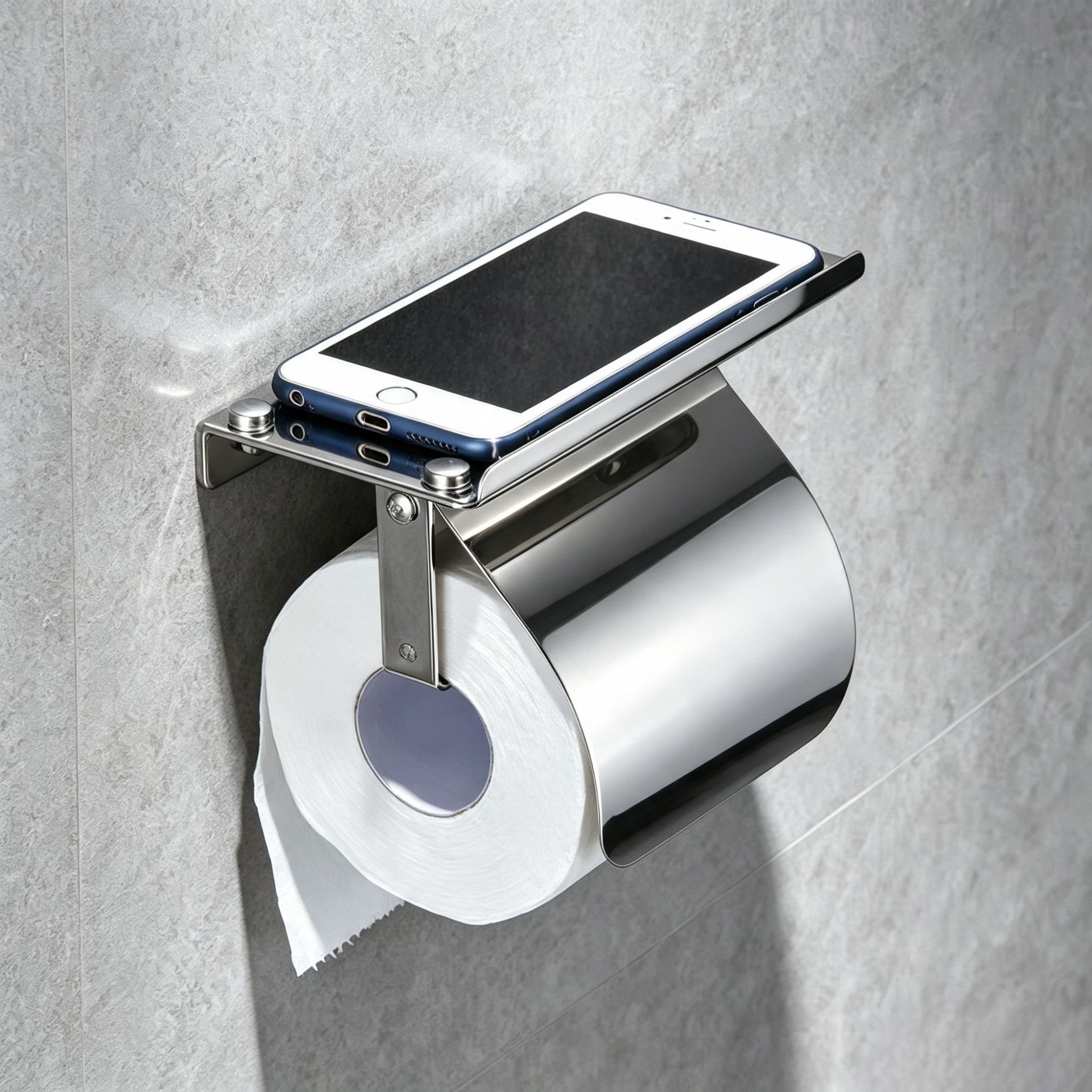 Stainless steel tissue holder for hotel bathrooms, toilet storage rack, no-drill installation, toilet roll holder with cover and phone holder