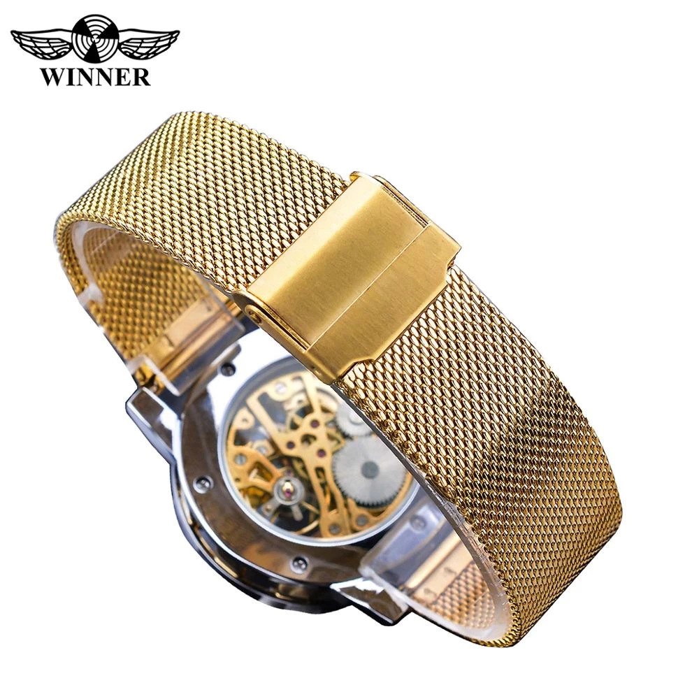 Vinnare Manual Mechanical Watch Herrs populära Rhinestone Hollow Mesh Band Watch Mode och fritid_voghion.com